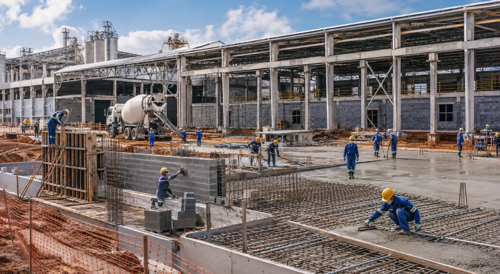 Equipe executando obras civis em complexo industrial
