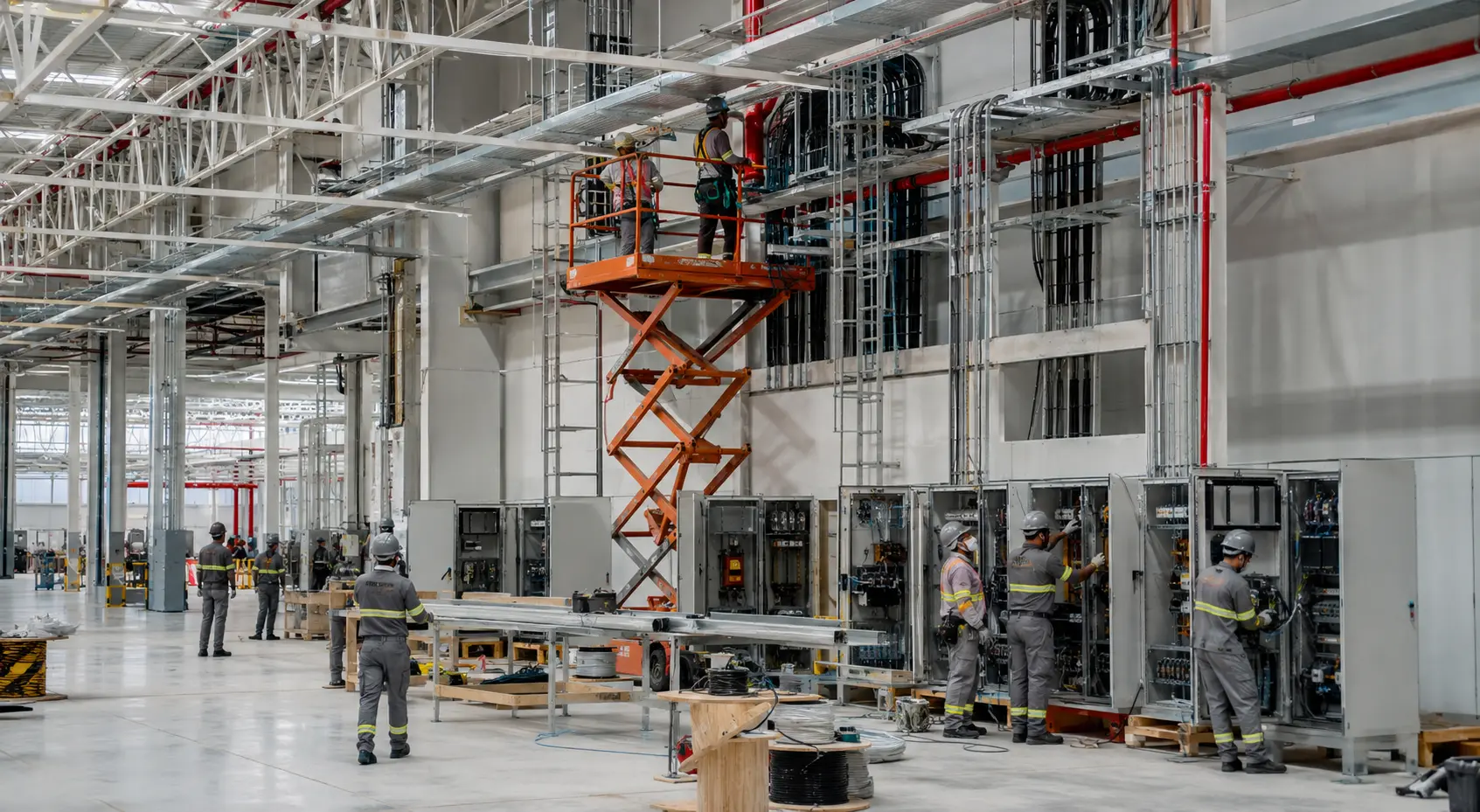 Equipe executando instalações eletromecânicas em fábrica industrial