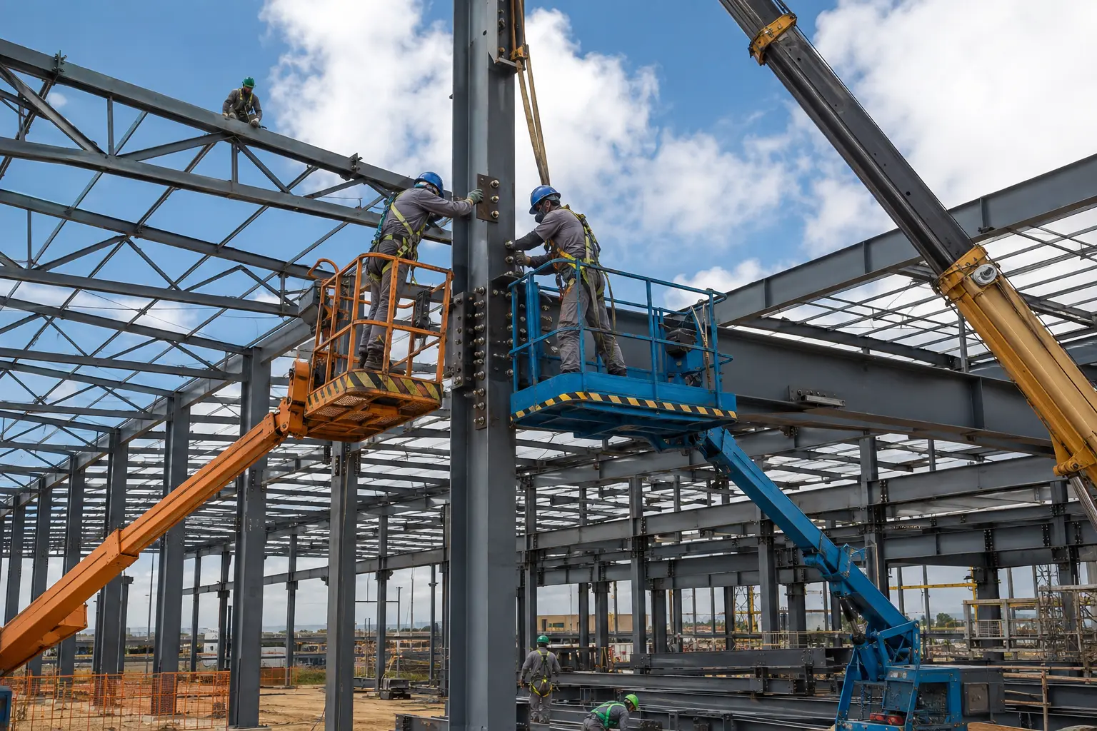 Equipe especializada montando estrutura metálica industrial